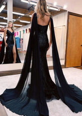 Bonnie | Long Black Prom Dress With Mermaid Deep V Neck Sequins Slit Cape - Black - PromDressClub